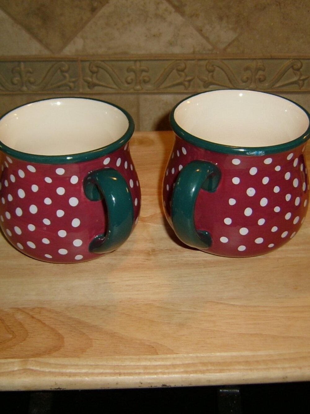 Set of Pioneer Woman Red White Polka Dot Jumbo Belly Mug Retro Dots Green Handle